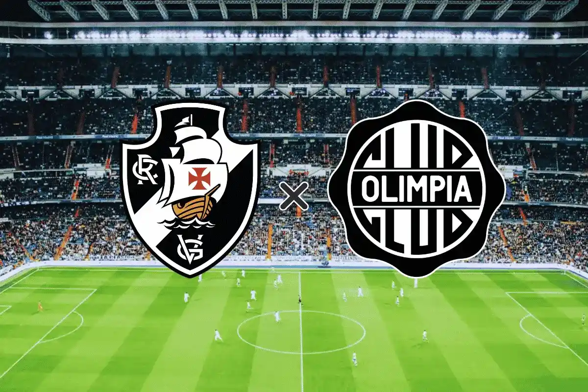 Arte gráfica com os escudos de Vasco da Gama e Olimpia centralizados sobre a foto de um estádio de futebol lotado durante uma partida. À esquerda, o escudo preto e branco com a caravela do Vasco; à direita, o escudo circular preto e branco do Olimpia, separados por um "X" branco com borda preta. Imagem referente ao jogo Vasco x Olimpia (30/04).