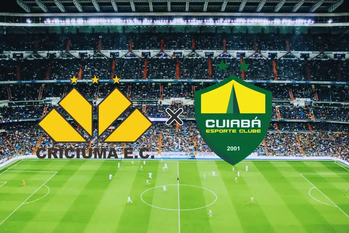 Arte gráfica com os escudos de Criciúma e Cuiabá centralizados sobre a foto de um estádio de futebol lotado. À esquerda, o escudo amarelo e preto do Criciúma E.C. com três estrelas douradas; à direita, o escudo verde e amarelo do Cuiabá Esporte Clube, separados por um "X" central. Imagem referente ao confronto Cuiabá x Criciúma (02/05).