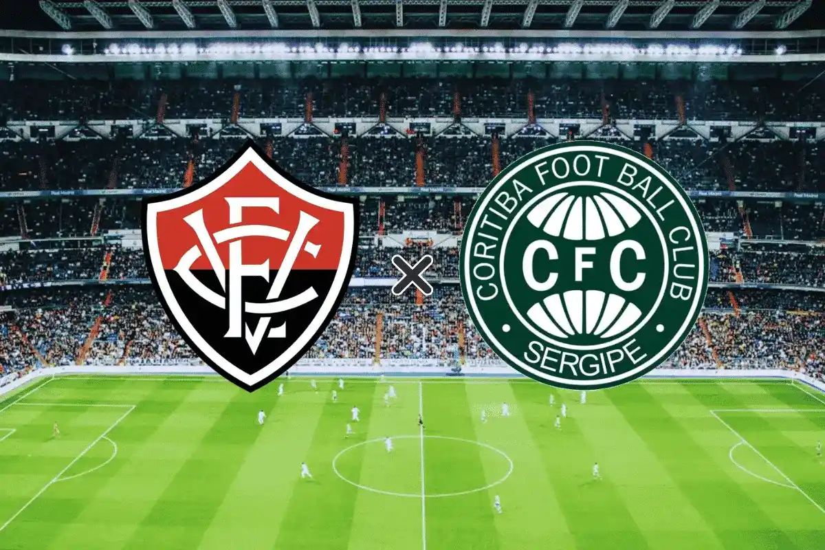 Montagem digital para a partida Vitória x Coritiba (02/05) sobreposta a uma imagem panorâmica de um estádio de futebol lotado durante a noite. À esquerda, o escudo do Esporte Clube Vitória em tons de vermelho e preto; à direita, o escudo do Coritiba Foot Ball Club em verde e branco. Entre os dois escudos, há um símbolo de "X" indicando o confronto.