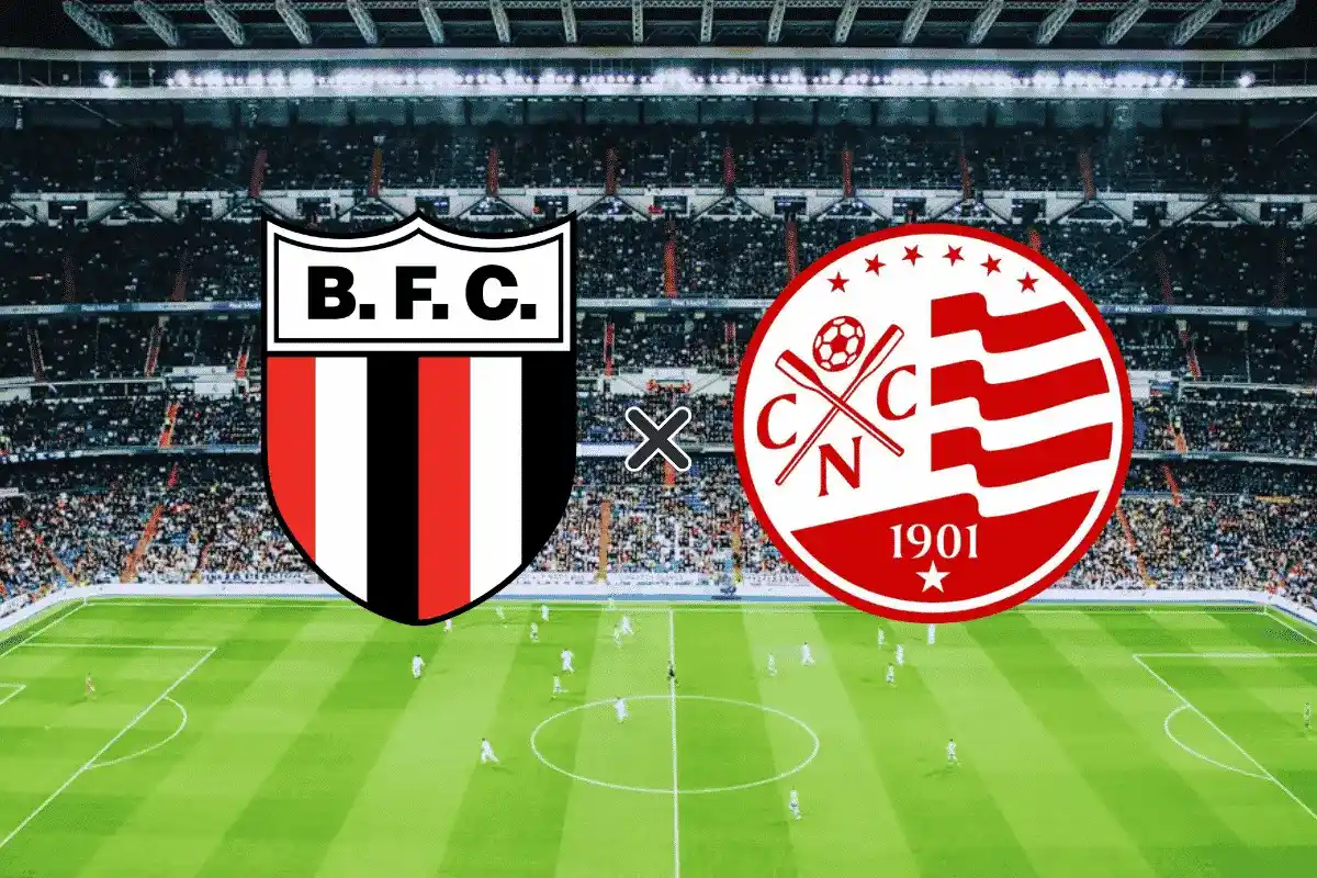 Arte gráfica de pré-jogo entre Botafogo-SP x Náutico (02/05). À esquerda, o escudo do Botafogo Futebol Clube (Ribeirão Preto) em preto, branco e vermelho; à direita, o escudo do Clube Náutico Capibaribe em vermelho e branco com a data 1901. Os emblemas estão centralizados sobre a imagem de um estádio de futebol lotado durante a noite, com o gramado iluminado e jogadores em campo. Entre os escudos, há um símbolo de "X" indicando o confronto.
