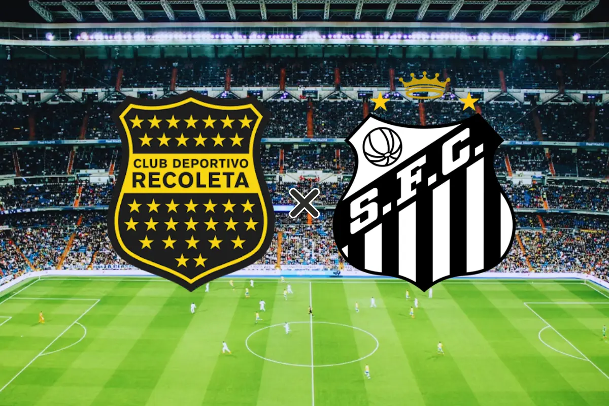 Banner digital destacando o confronto Recoleta x Santos (05/05/2026) com os brasões dos times sobrepostos a uma visão aérea do gramado e das arquibancadas repletas de torcedores.