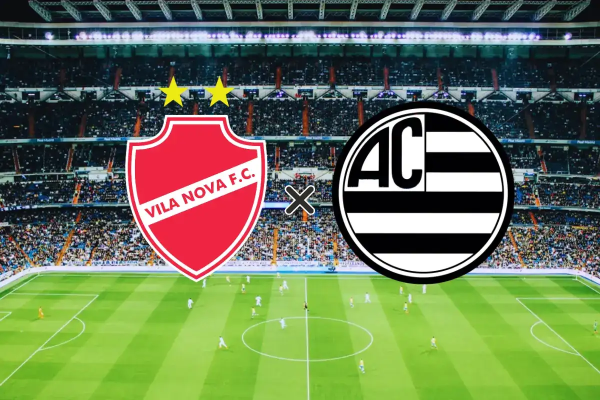 Banner digital destacando o confronto Vila Nova x Athletic Club (04/05/2026) com os brasões dos times sobrepostos a uma visão aérea do gramado e das arquibancadas repletas de torcedores.