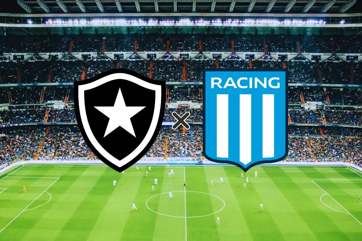 Escudos das equipes que se enfrentam no duelo Botafogo x Santa Fe (06/05) posicionados lado a lado em uma montagem gráfica sobreposta a uma imagem panorâmica de um estádio de futebol lotado durante a noite.
