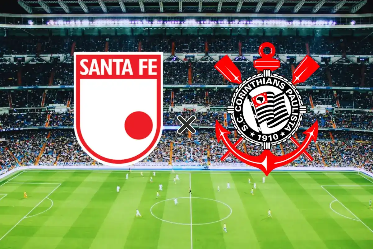 Arte gráfica para o jogo Santa Fe x Corinthians (06/05) exibindo os escudos dos times centralizados sobre uma foto de um estádio de futebol lotado à noite. Do lado esquerdo, o escudo branco e vermelho do Independiente Santa Fe; do lado direito, o distintivo do Sport Club Corinthians Paulista com sua tradicional âncora e remos vermelhos. Um "X" preto separa as duas equipes no centro da imagem.
