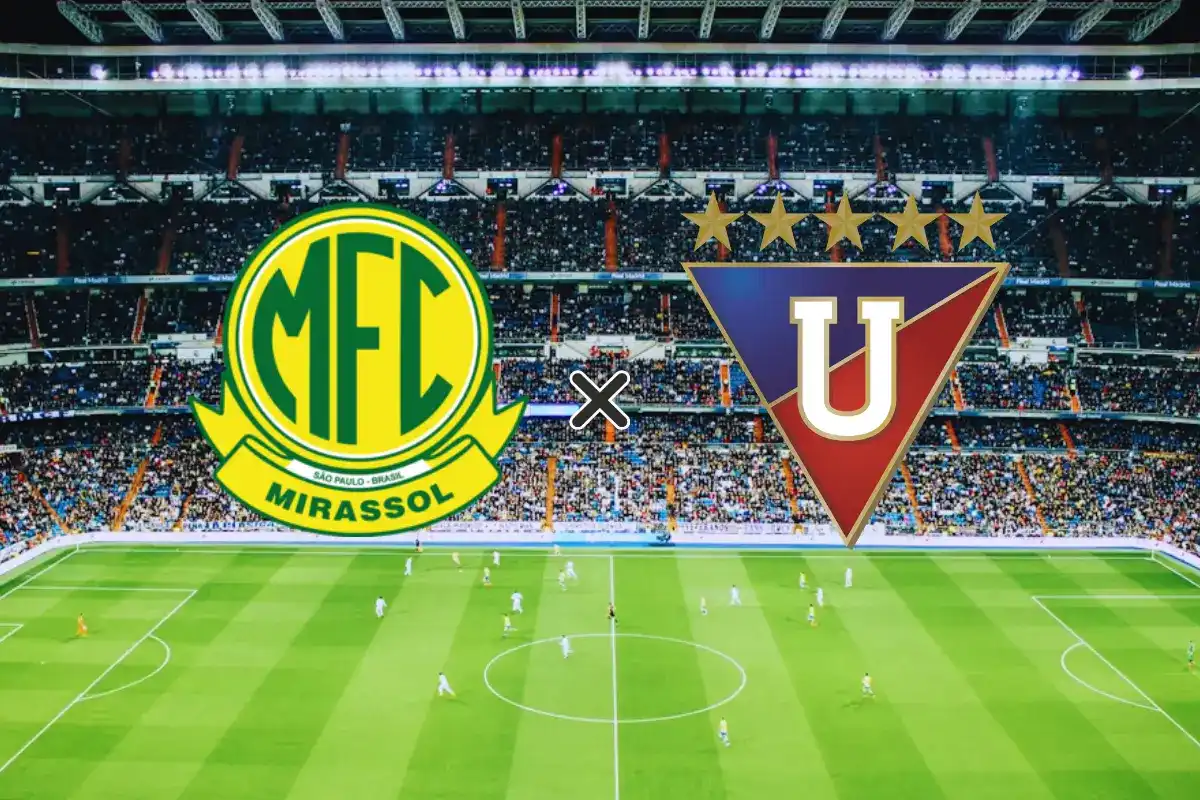 Arte gráfica do confronto Mirassol x LDU (07/05/2026) com os escudos das equipes sobrepostos a uma imagem panorâmica de um estádio de futebol lotado à noite. À esquerda, o escudo circular amarelo e verde do Mirassol Futebol Clube; à direita, o escudo triangular da LDU (Liga Deportiva Universitaria), com o "U" centralizado e cinco estrelas douradas no topo. Um símbolo de "X" branco separa os dois emblemas no centro da composição.